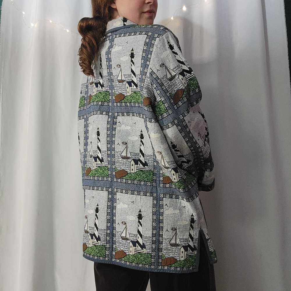 Vintage 90s Blair Thick Cotton blend Tapestry Lighthouse button up Blazer Jacket